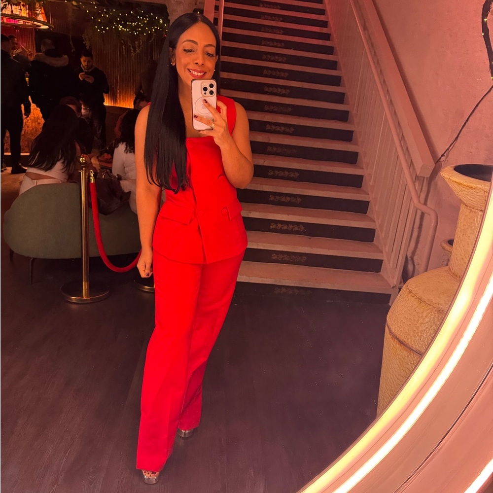 Red Straight Leg Pants with Slits and blouse